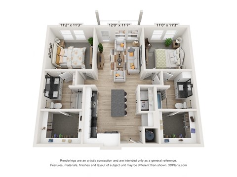 Floor plan for 2 beds, 2 baths, 1056 sqft